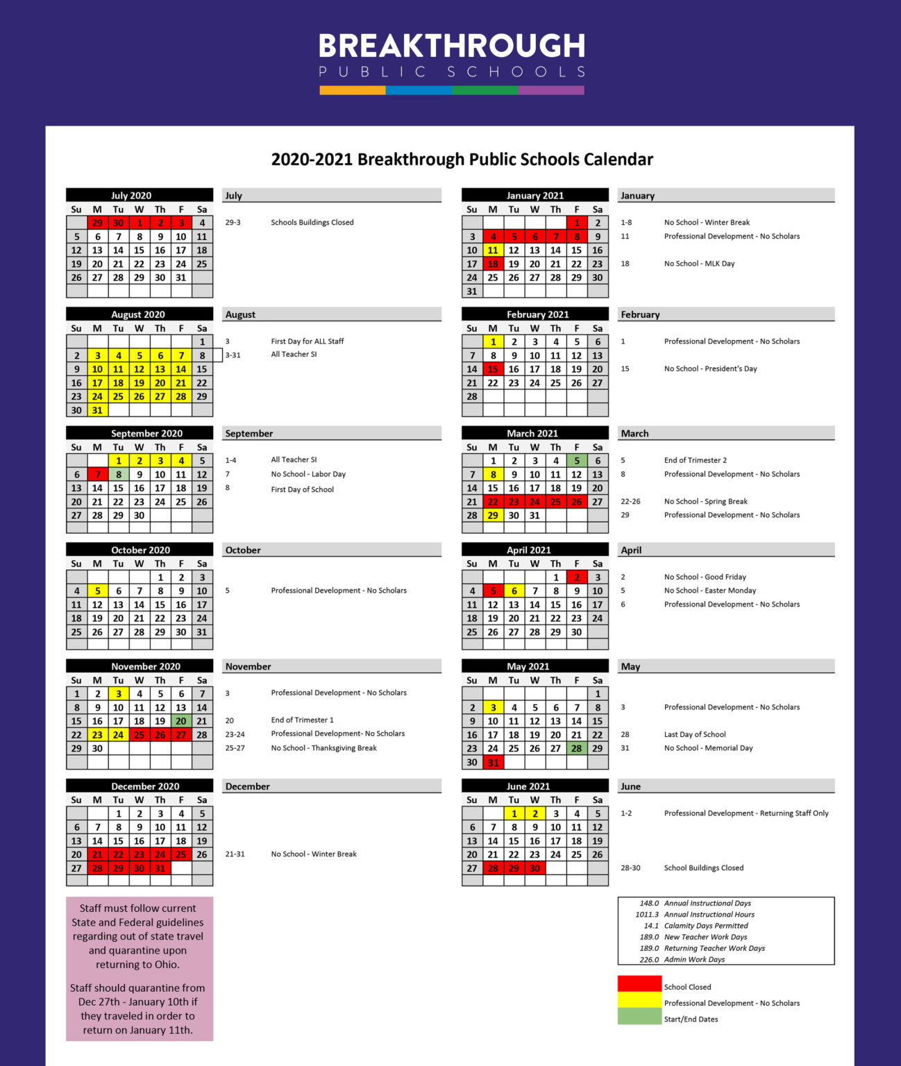 Family Update School Calendar for 202021 Breakthrough Public