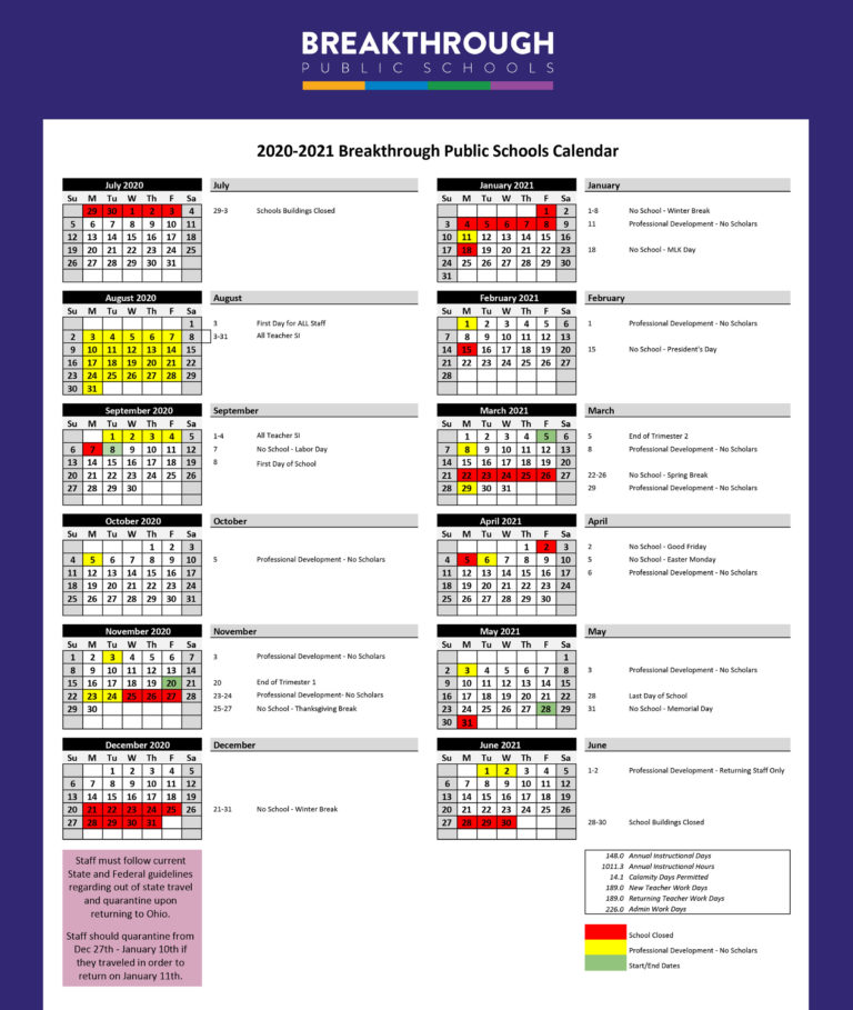 Calendar Breakthrough Public Schools (BPS)
