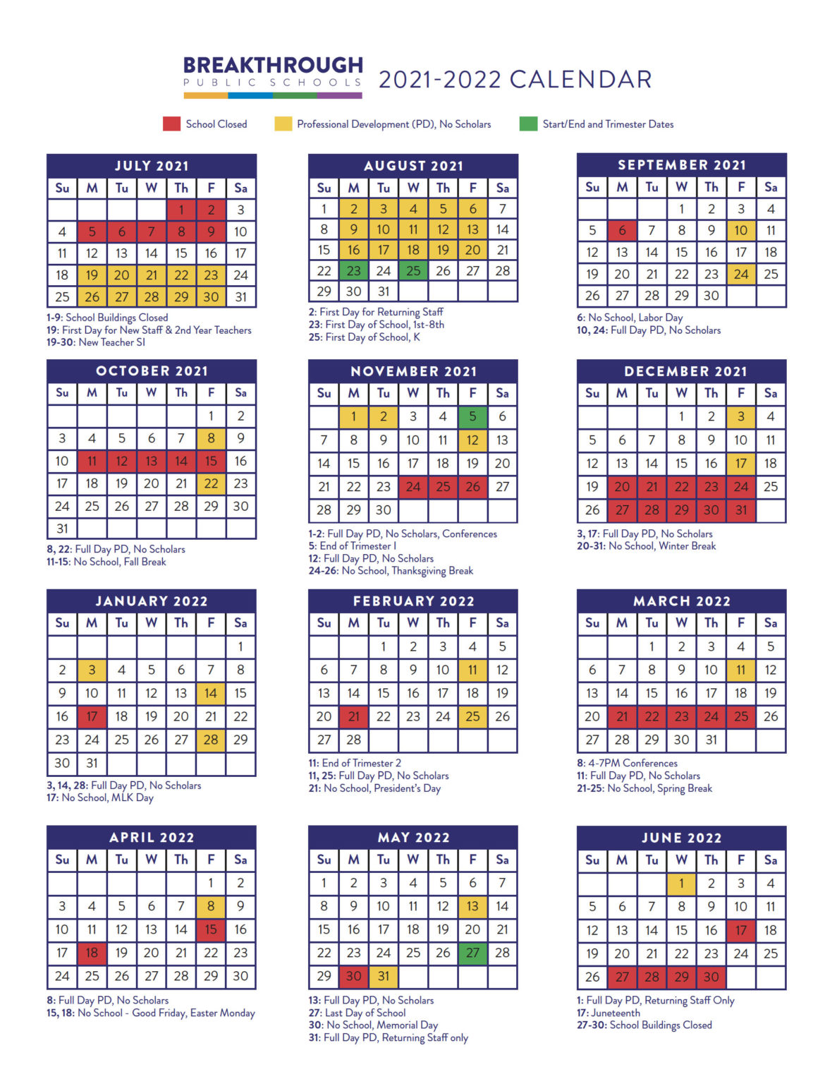 BPS Calendar 2021 22 Breakthrough Public Schools BPS BPS Calendar 2021 22 Breakthrough Public Schools BPS