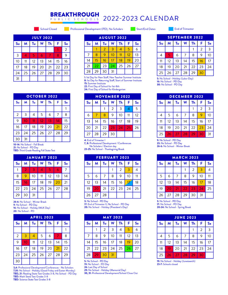 Calendar Breakthrough Public Schools (BPS)