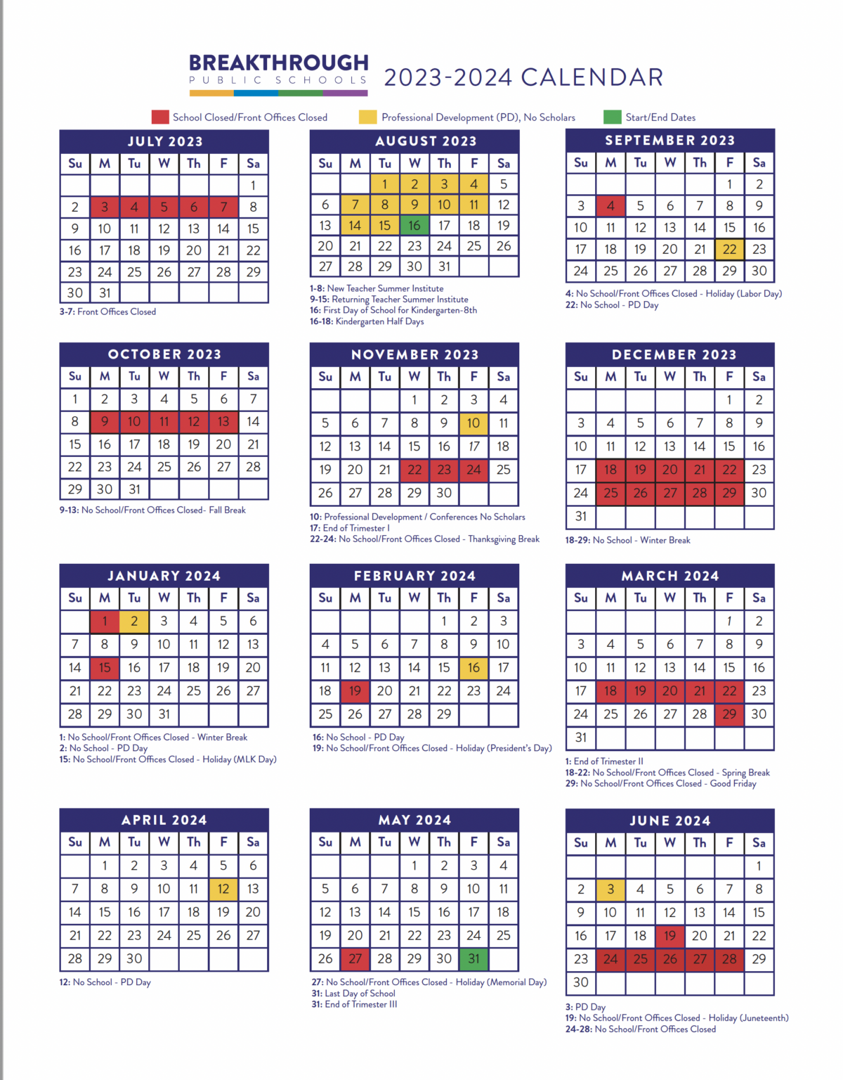 Calendar Breakthrough Public Schools (BPS)