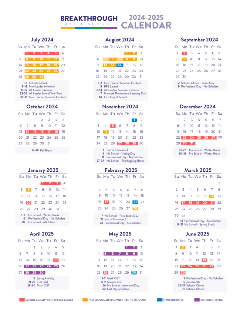 Calendar Breakthrough Public Schools (BPS)